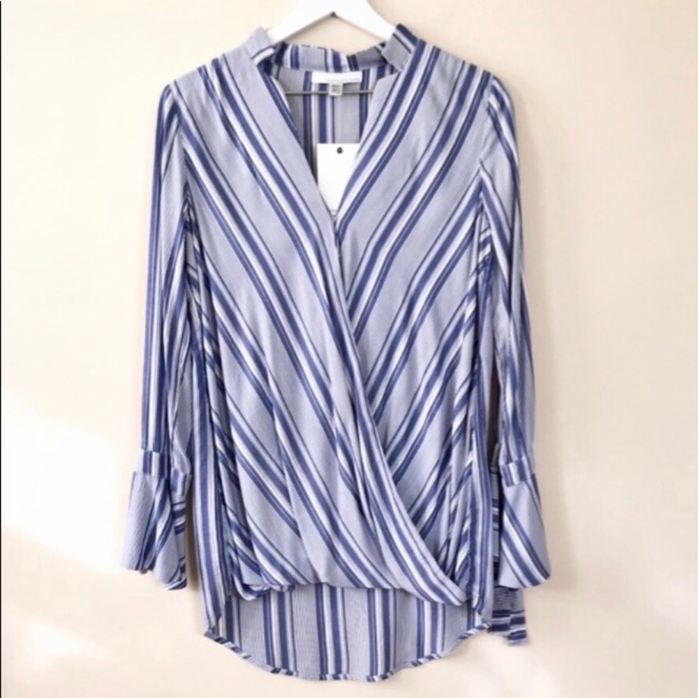 NWT Striped Wrap Front Flounce Sleeve Blouse
